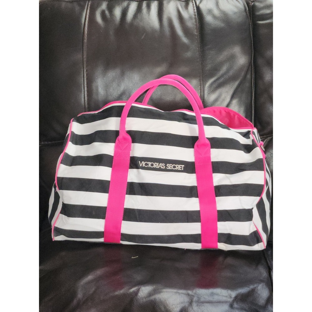 Victoria's Secret Carry On Travel Overnight Duffel Bag Pink Black Striped Gym